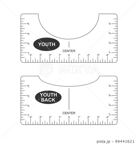 T shirt alignment guide. Youth size front and back template. Ruler for centering clothing design. Sewing measurement tool with markup and numbers for print or laser cut. Inches calibration 99441621