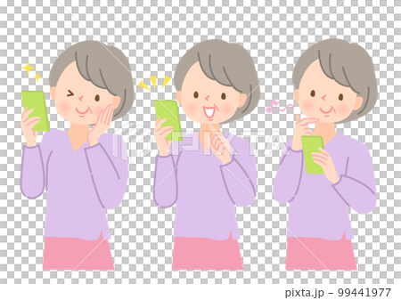 Illustration set of a middle-aged woman holding a smartphone and smiling 99441977