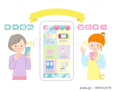 スマートフォンでフリーマーケットを利用する女性達 99441979