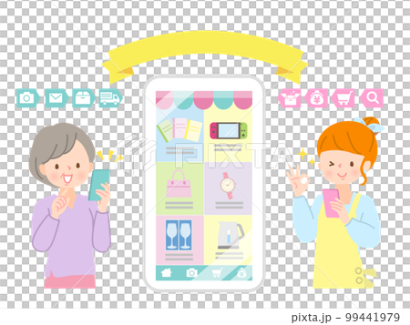 スマートフォンでフリーマーケットを利用する女性達 99441979