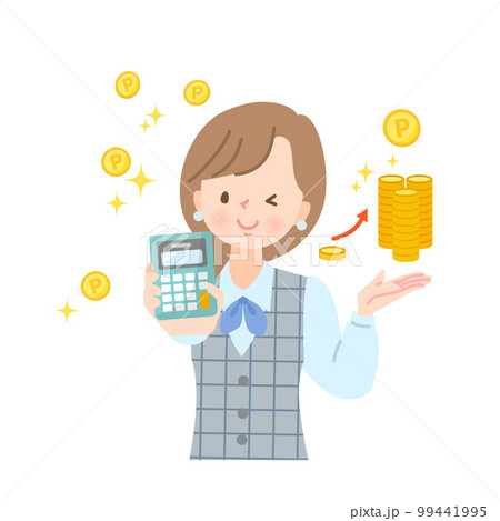 ポイ活について電卓で計算する女性のイメージイラスト 99441995