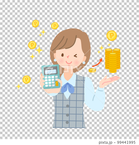 一個女人用計算器計算 poi 的圖像插圖 一個女人用計算器計算 poi 的圖像插圖 99441995