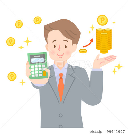 ポイ活について電卓で計算する男性のイメージイラスト ポイ活について電卓で計算する男性のイメージイラスト 99441997