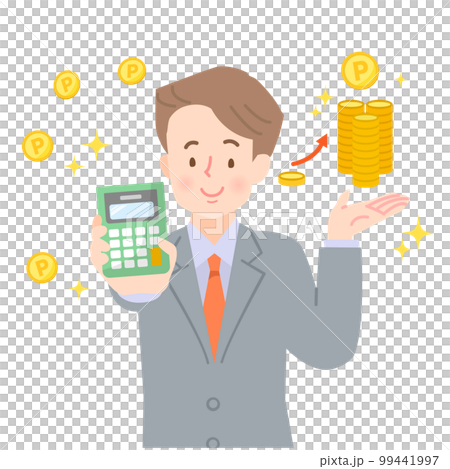 ポイ活について電卓で計算する男性のイメージイラスト ポイ活について電卓で計算する男性のイメージイラスト 99441997