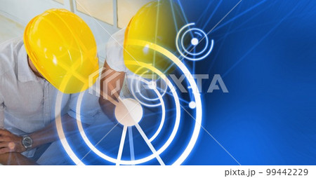 Composition of diverse business team in meeting interface with white circles Composition of diverse business team in meeting interface with white circles 99442229