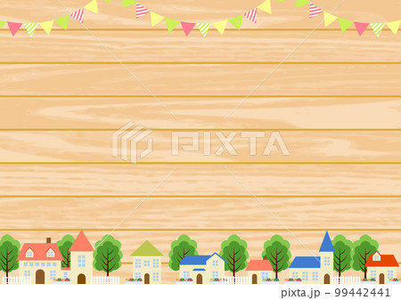木目板と旗の街並み背景ヨコ 99442441