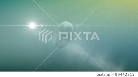 Composition of tennis ball on tennis court and glowing light on green tinted background Composition of tennis ball on tennis court and glowing light on green tinted background 99442515