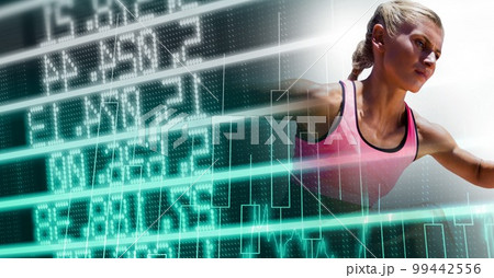 Composition of caucasian female athlete with data processing Composition of caucasian female athlete with data processing 99442556