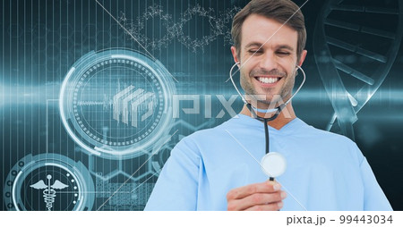 Composition of smiling male doctor holding stethoscope with dna strand and medical data processing 99443034