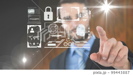 Composition of businessman touching screen with digital icons and biometric fingerprint Composition of businessman touching screen with digital icons and biometric fingerprint 99443887