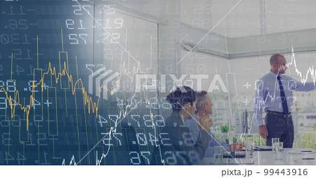Composition of happy diverse business team in meeting over interface with graph Composition of happy diverse business team in meeting over interface with graph 99443916