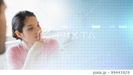 Composition of diverse business team in meeting over interface with white dots Composition of diverse business team in meeting over interface with white dots 99443929