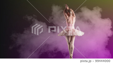 Composition of female ballet dancer in pink tutu with copy space on cloud over purple background 99444000