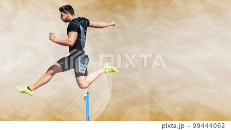 Composition of male hurdle jumper with copy space on yellow background Composition of male hurdle jumper with copy space on yellow background 99444062