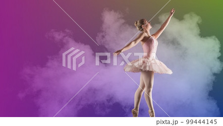 Composition of female ballet dancer in pink tutu with copy space on cloud over pink background 99444145