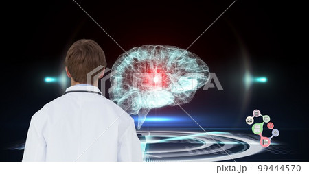 Composition on male doctor over screen with digital human brain and medical data processing Composition on male doctor over screen with digital human brain and medical data processing 99444570