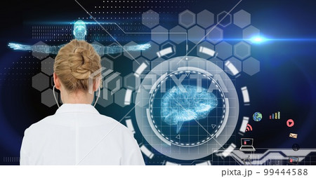Composition on female doctor over screen with digital human brain and medical data processing Composition on female doctor over screen with digital human brain and medical data processing 99444588