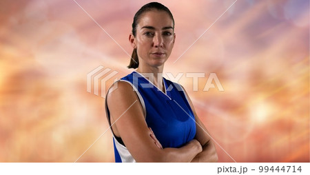Composition of female basketball player with arms crossed with copy space Composition of female basketball player with arms crossed with copy space 99444714