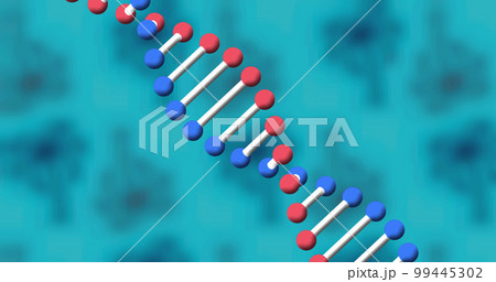 Image of dna strand spinning on blue background 99445302