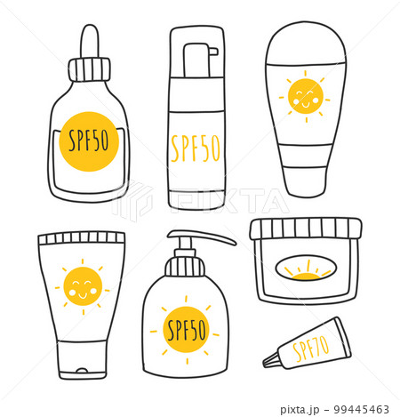 Set of Sunscreens, lotions with SPF. Sunscreen protection and sun safety. Sunscreen, lotion with SPF. Sunscreen lotion isolated. hand drawn vector illustration. Doodle style. 99445463