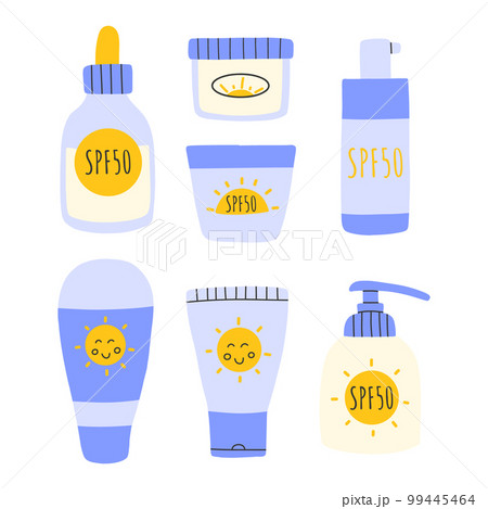 Set of Sunscreens, lotions with SPF. Sunscreen protection and sun safety. Sunscreen, lotion with SPF. Sunscreen lotion isolated. hand drawn vector illustration. Flat style. Set of Sunscreens, lotions with SPF. Sunscreen protection and sun safety. Sunscreen, lotion with SPF. Sunscreen lotion isolated. hand drawn vector illustration. Flat style. 99445464