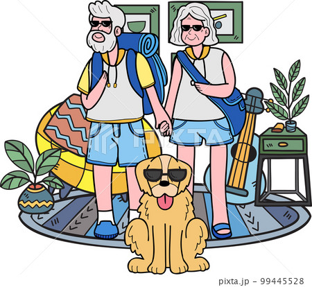 Hand Drawn Elderly traveling with dogs illustration in doodle style 99445528