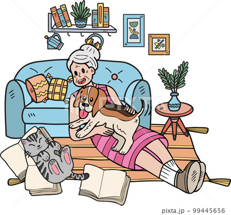 Hand Drawn Elderly play with dogs and cats illustration in doodle style 99445656