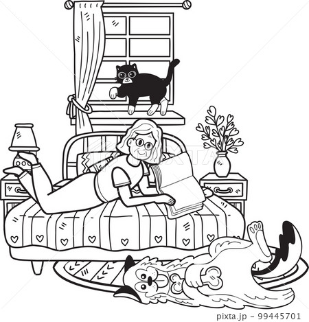 Hand Drawn Elderly reading books with dogs and cats illustration in doodle style Hand Drawn Elderly reading books with dogs and cats illustration in doodle style 99445701