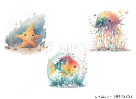 Starfish, fish and octopus in watercolor style. Isolated vector illustration 99445858