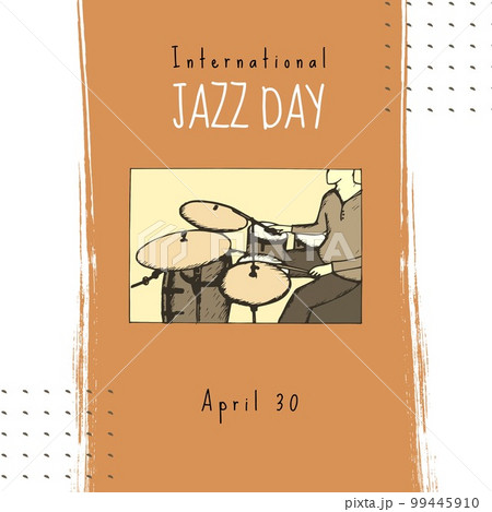 Composition of international jazz day text over drums and shapes on white background 99445910