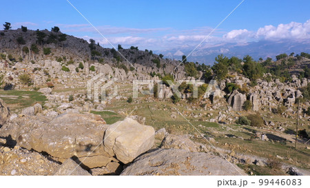 Mountain valley landscape and rock formations. Aerial view from drone. Nature scene. 99446083
