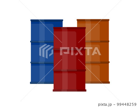 red blue orange metal barrel with diesel fuel radioactive substance on a white background 99448259