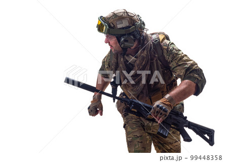 A professional mercenary soldier leaving and looking back. A professional mercenary soldier leaving and looking back. 99448358