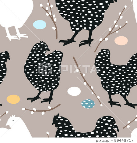 Easter seamless pattern with speckled chicken, eggs, and pussy willow brunches. Vector illustration, spring background. Easter seamless pattern with speckled chicken, eggs, and pussy willow brunches. Vector illustration, spring background. 99448717