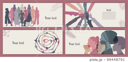 Silhouette group of multicultural women. International Womens day. Colleagues. Female social community of diverse culture.Racial equality.Empowerment or inclusion.Template banner poster 99448791