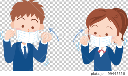 Put on a mask _ male and female students _ with arrow 99448836