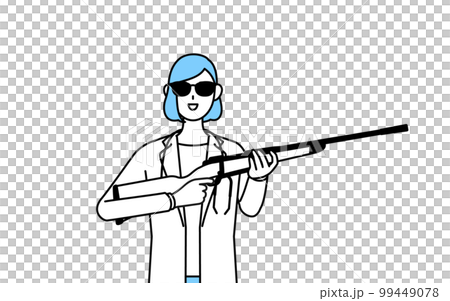 A female doctor in a white coat wearing sunglasses and holding a rifle 99449078