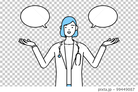 A female doctor wearing a white coat with a balloon and making a comparison A female doctor wearing a white coat with a balloon and making a comparison 99449087