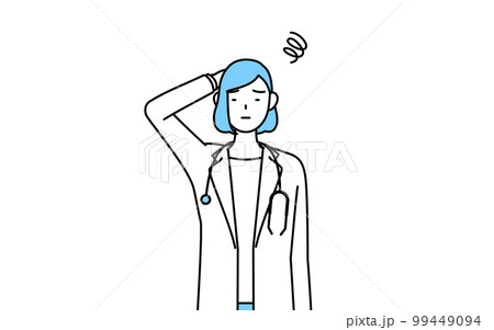 困って頭をかく白衣を着た女性医師 99449094