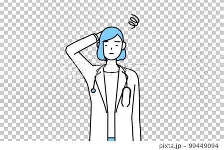 困って頭をかく白衣を着た女性医師 99449094
