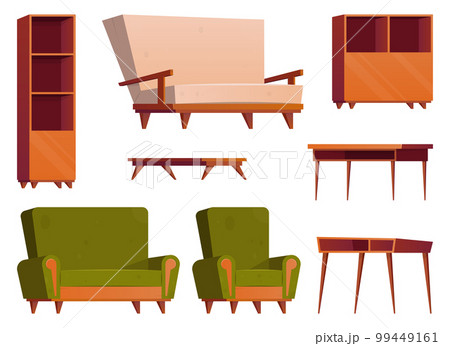 Furniture items in cartoon style. Collection of wooden wardrobe, chair, table, desk and armchair vector illustration isolated on white 99449161