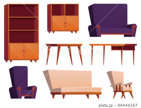 Furniture items in cartoon style. Collection of wooden wardrobe, chair, table, desk and armchair vector illustration isolated on white 99449167