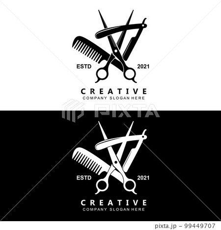 Barbershop Logo Vector Stylish Hair Design For Haircut, With Scissors And Shaver 99449707