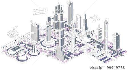 ブロックのように組み合わせれば大きな未来都市になる街並みイラスト「未来都市B」 バリエーションあり 99449778
