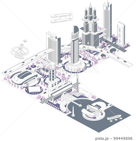 ブロックのように組み合わせれば大きな未来都市になる街並みイラスト「未来都市B」 バリエーションあり 99449806