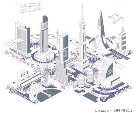 ブロックのように組み合わせれば大きな未来都市になる街並みイラスト「未来都市B」 バリエーションあり 99449815