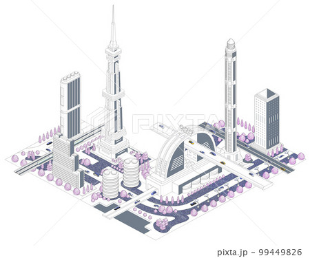 ブロックのように組み合わせれば大きな未来都市になる街並みイラスト「未来都市B」 バリエーションあり 99449826