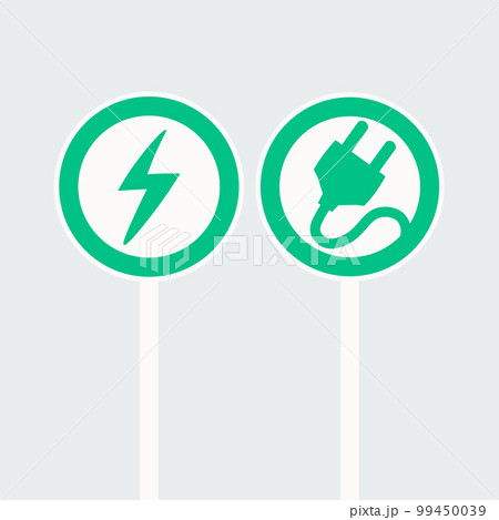 Road sign of an electric vehicle charging station in a green circle. Road sign giving priority to electric vehicles. 99450039