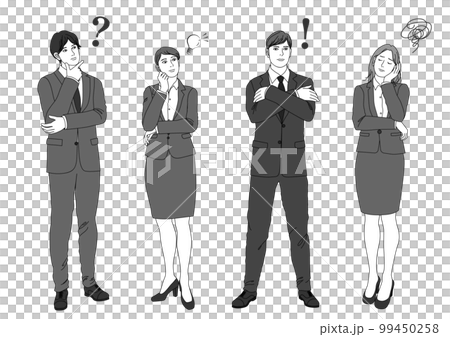 Thinking, worrying, being surprised, being troubled, being impatient, businessmen and businesswomen, four people, full body front monochrome illustration Thinking, worrying, being surprised, being troubled, being impatient, businessmen and businesswomen, four people, full body front monochrome illustration 99450258
