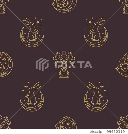 Trendy celestial seamless pattern with bunnies. Boho magic background with gold outline rabbits. Trendy celestial seamless pattern with bunnies. Boho magic background with gold outline rabbits. 99450319